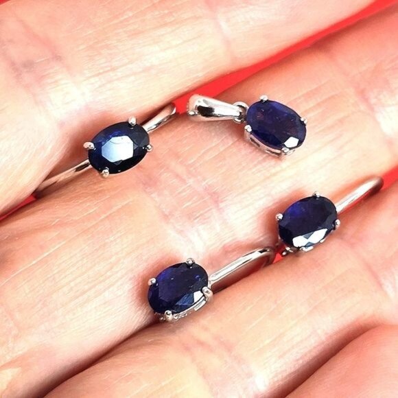 Natural Blue Sapphire set "Celeste". 925 Sterling  Earrings, Pendant, Ring 5.75 - Picture 5 of 15